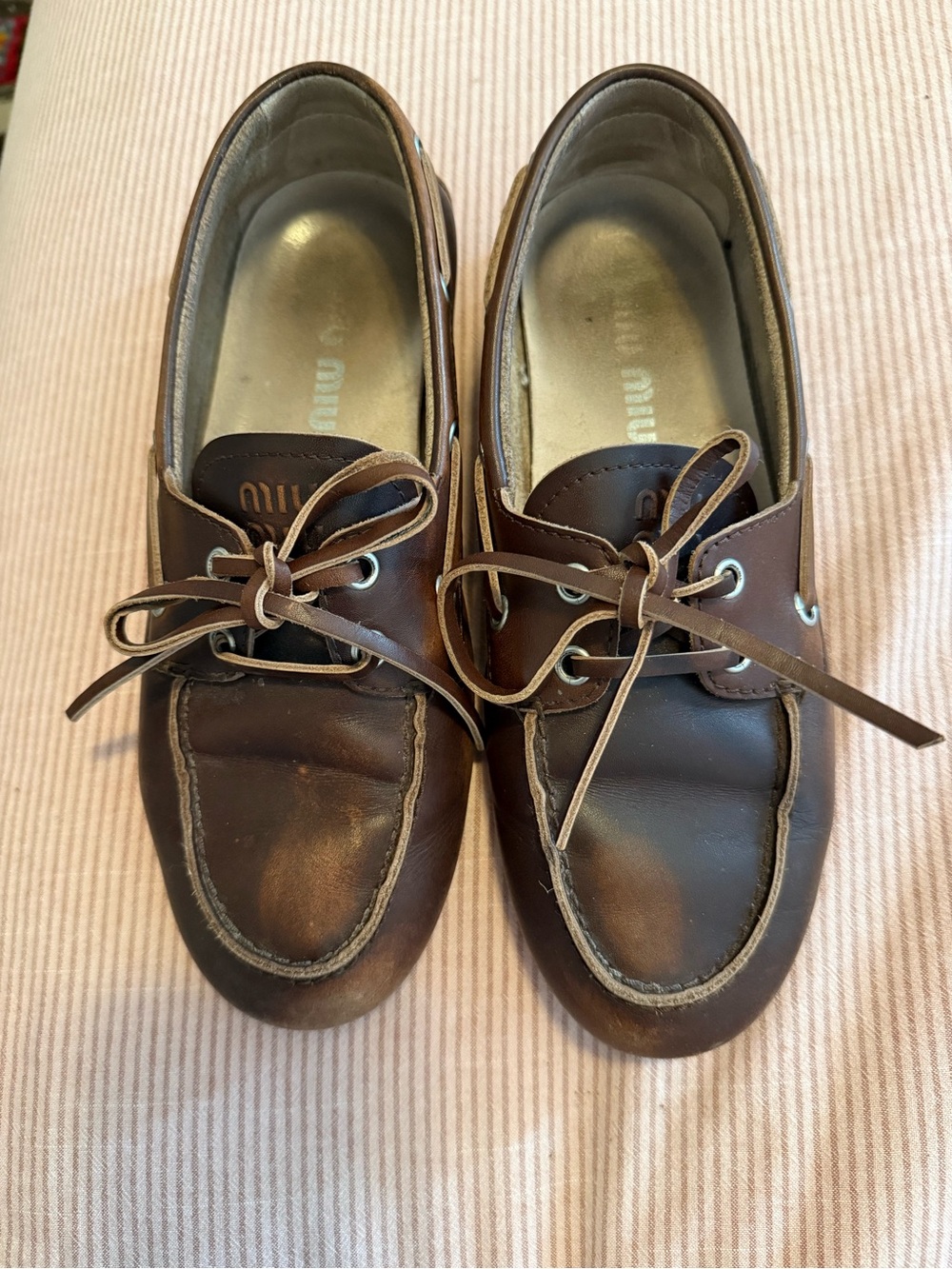 Miu Miu Brown Leather Lace-Up Moccasin Flats